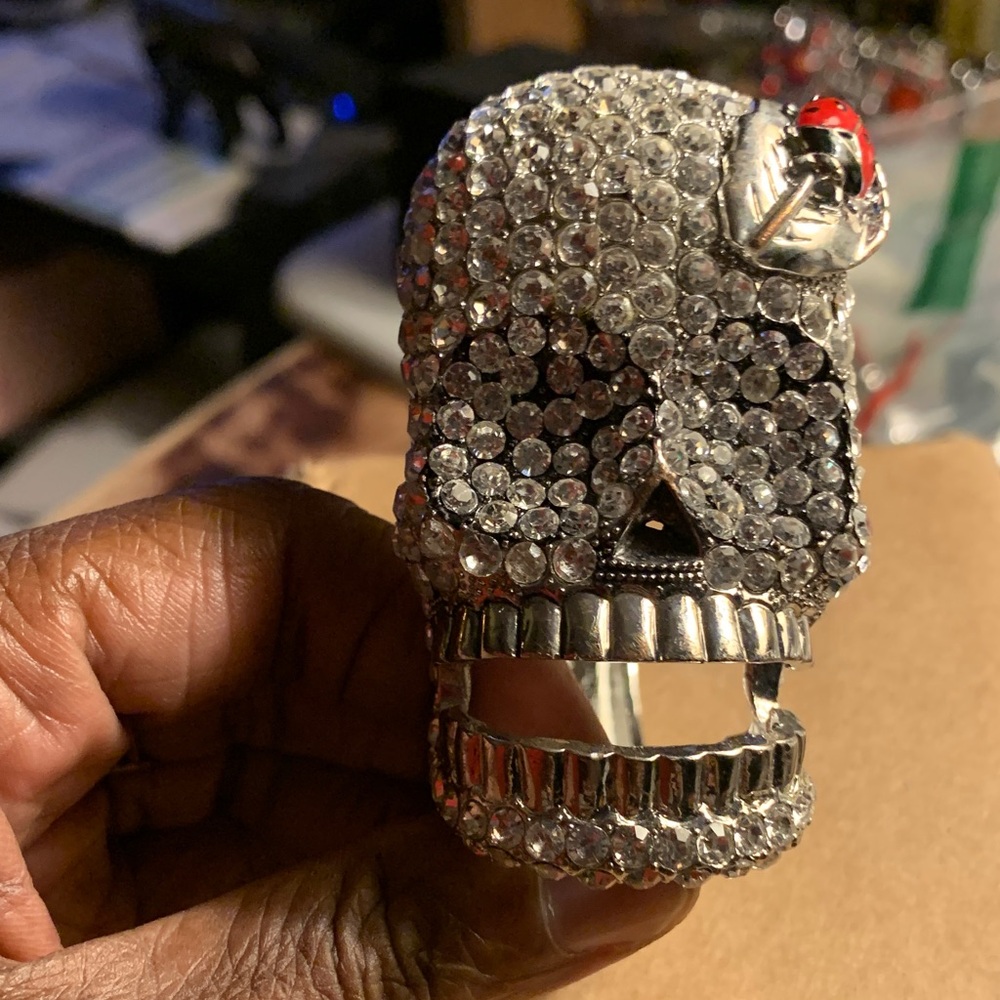 Crystal Skull Cuff Bracelet Red Beetle on Leaf on upper right side
